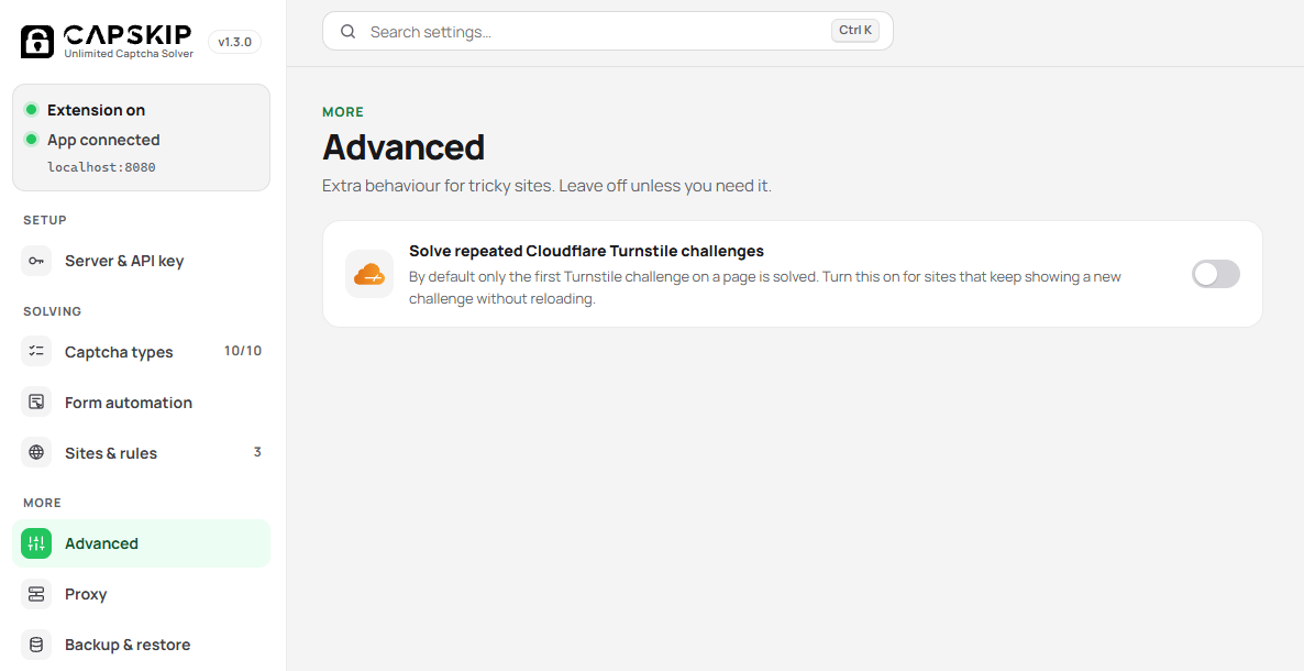 CapSkip extension Advanced settings page