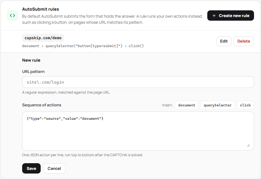 CapSkip extension AutoSubmit rule editor