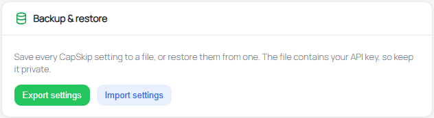 CapSkip extension Backup and restore settings