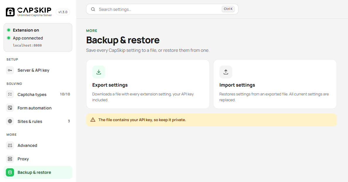 CapSkip extension Backup and restore settings page