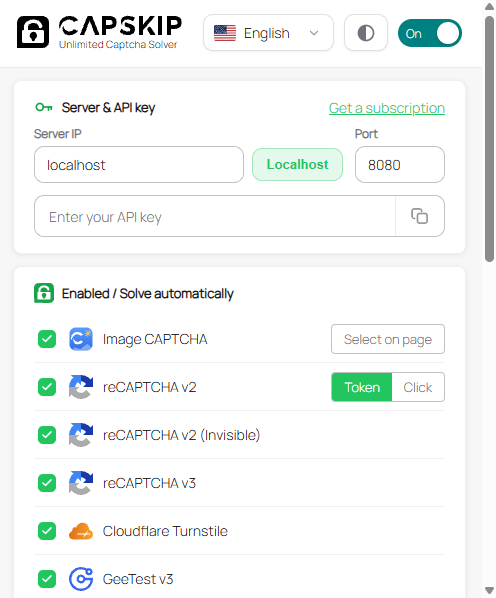 CapSkip extension popup with Server and API key settings and the CAPTCHA types list