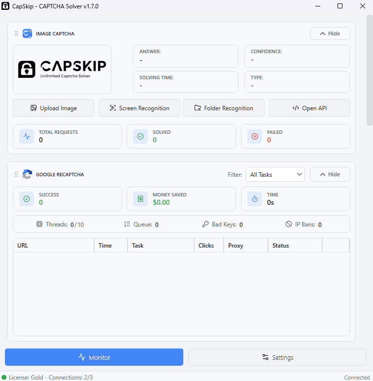 CapSkip main window with the Monitor tab open