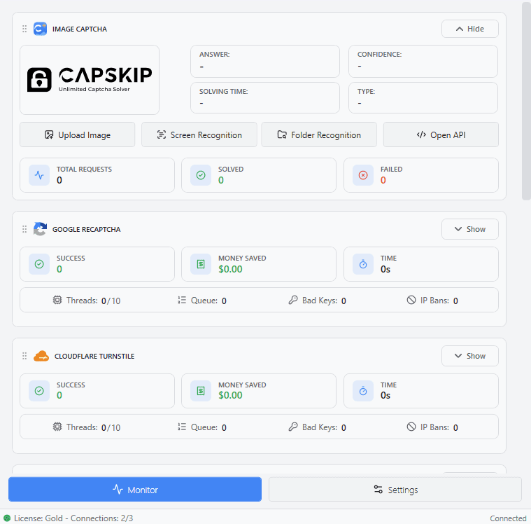 CapSkip Monitor tab showing several CAPTCHA sections