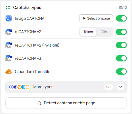 CapSkip extension popup Captcha types card with the Select on page button
