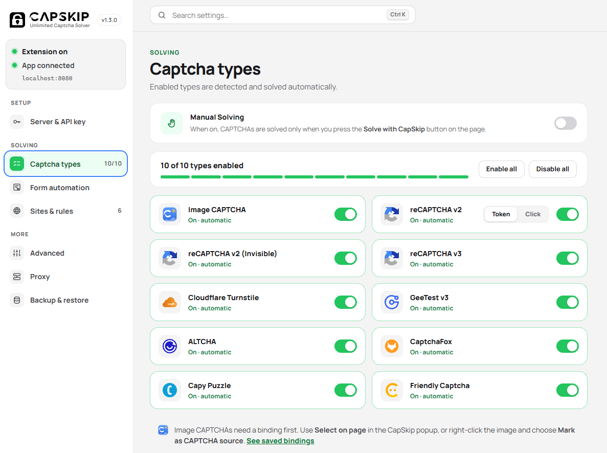 CapSkip extension Captcha types settings page