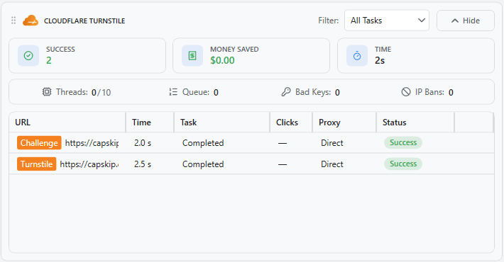 Cloudflare Turnstile section on the CapSkip Monitor tab