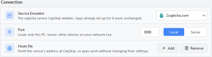 CapSkip Connection settings: service emulator, port and hosts file