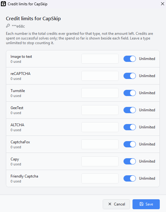 CapSkip credit limits window for an API key