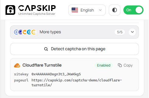 CapSkip extension Detect captcha on this page result for Cloudflare Turnstile
