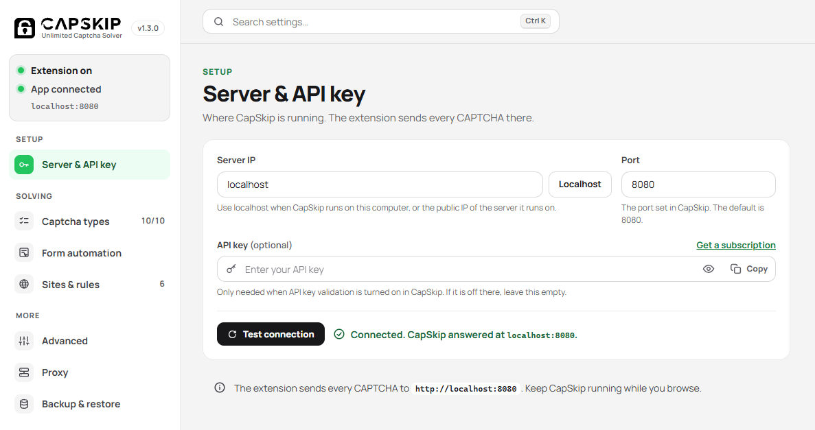 CapSkip extension settings page with the Server and API key section