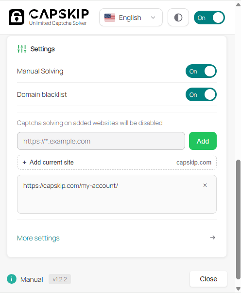 CapSkip extension popup Settings card with Manual Solving and Domain blacklist