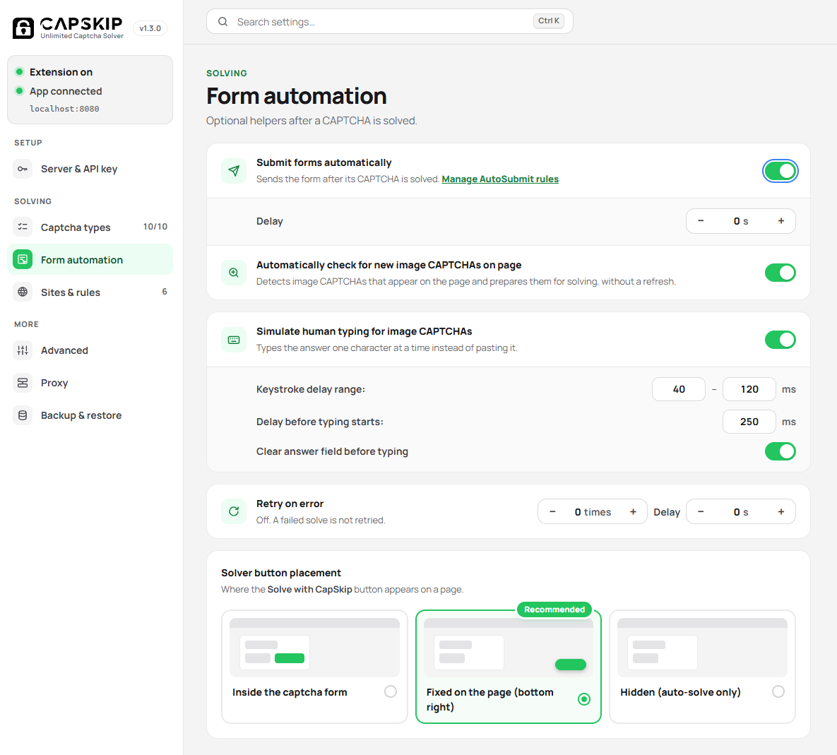 CapSkip extension Form automation settings page