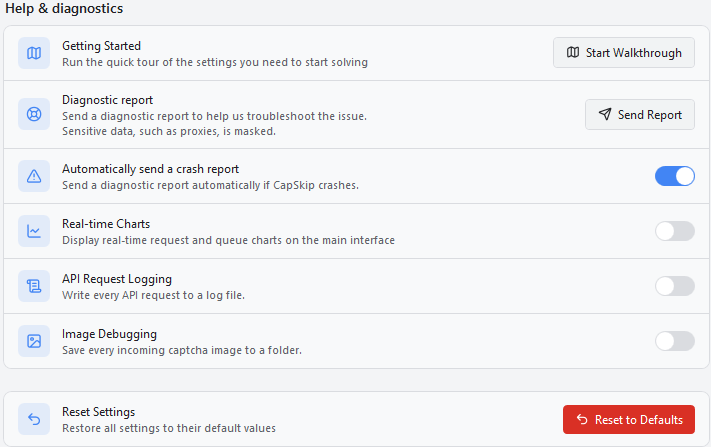 CapSkip Help and diagnostics settings