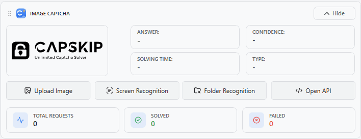 Image CAPTCHA section on the CapSkip Monitor tab