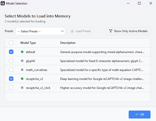CapSkip Model Selection window