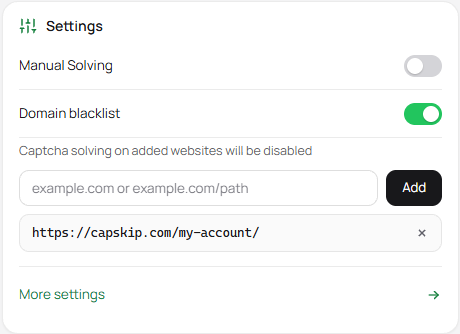 CapSkip extension popup Settings card with Manual Solving and Domain blacklist