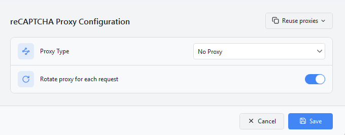 CapSkip reCAPTCHA Proxy Configuration window