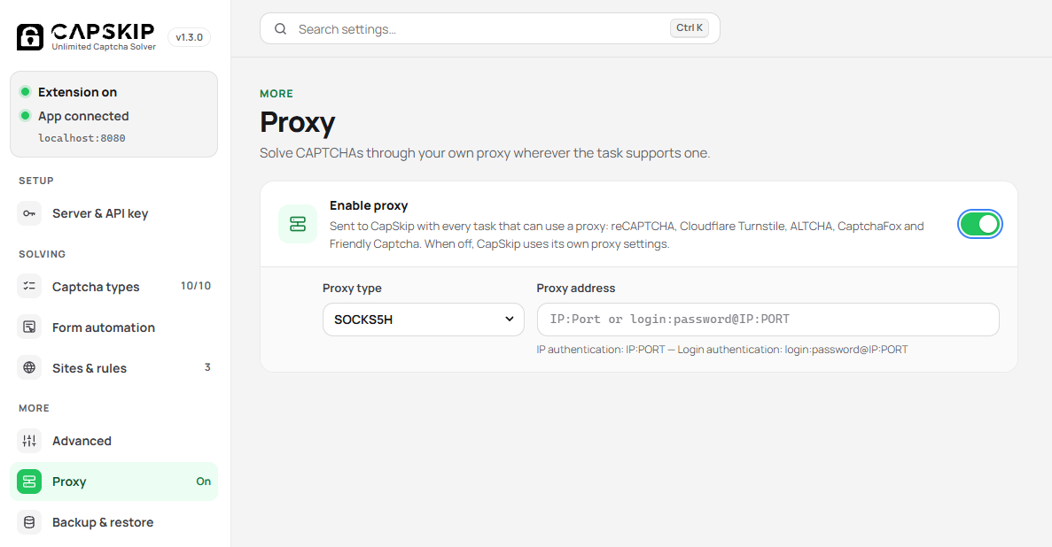 CapSkip extension Proxy settings page