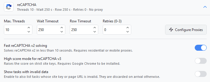 CapSkip reCAPTCHA settings