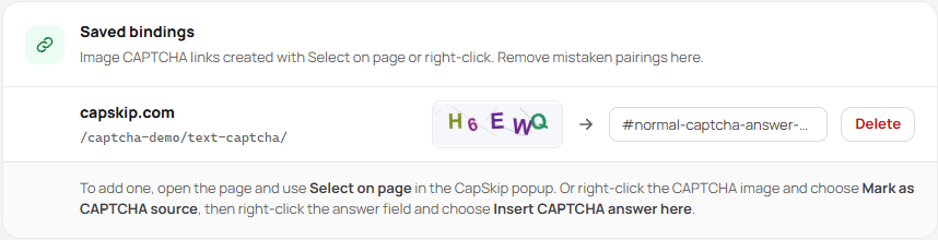 CapSkip extension Saved bindings list