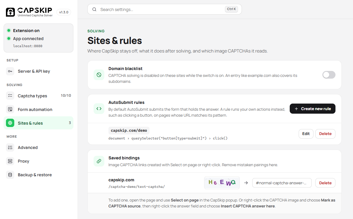 CapSkip extension Sites and rules settings page