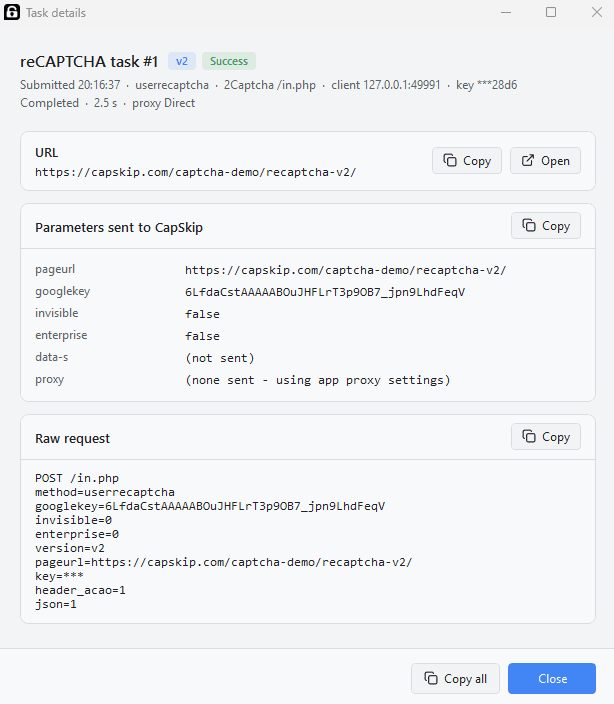 CapSkip task details window for a reCAPTCHA task