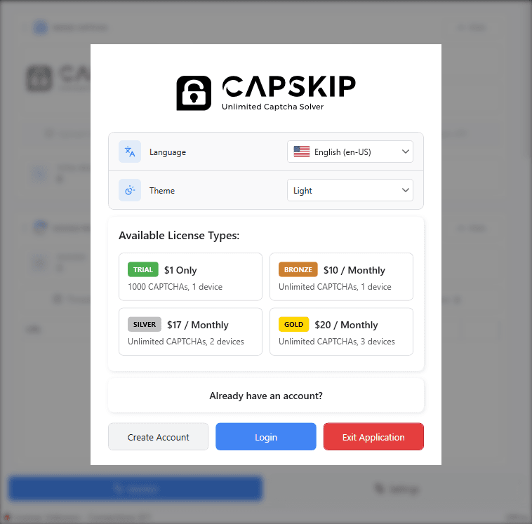 CapSkip welcome window with language, theme and license type options